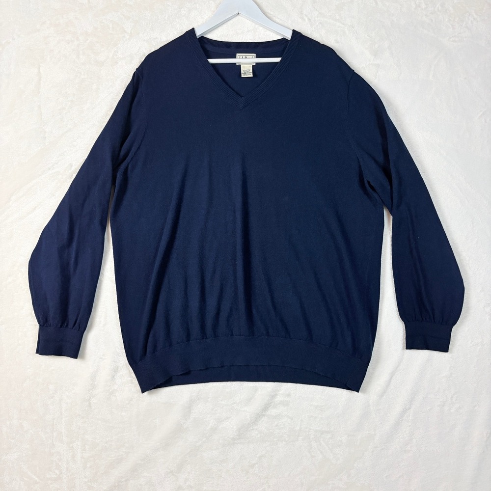 LL Bean V-Neck Sweater Mens XXL Navy Blue Excellent Cotton Cashmere Blend 274603
